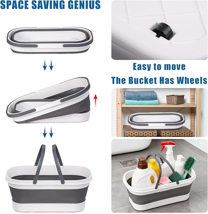 Flat Mop and Bucket Set with Floor Squeegee, Heavy Duty Scrub Brush, 2 Washable Reusable Microfiber Pads, for Tile Hardwood, Wall Cleaning, Home Indoor or Outdoor Cleaning (White-Gray)