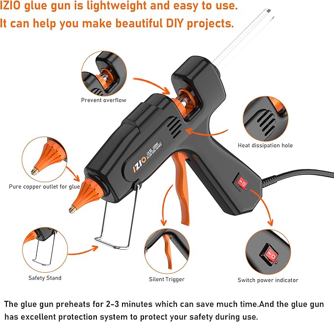 IZIO100W Hot Glue Gun Kit, Fast Heating for DIY Crafts Home Repair, Includes 21 Glue Sticks, Anti-Scald Nozzle, Pouch