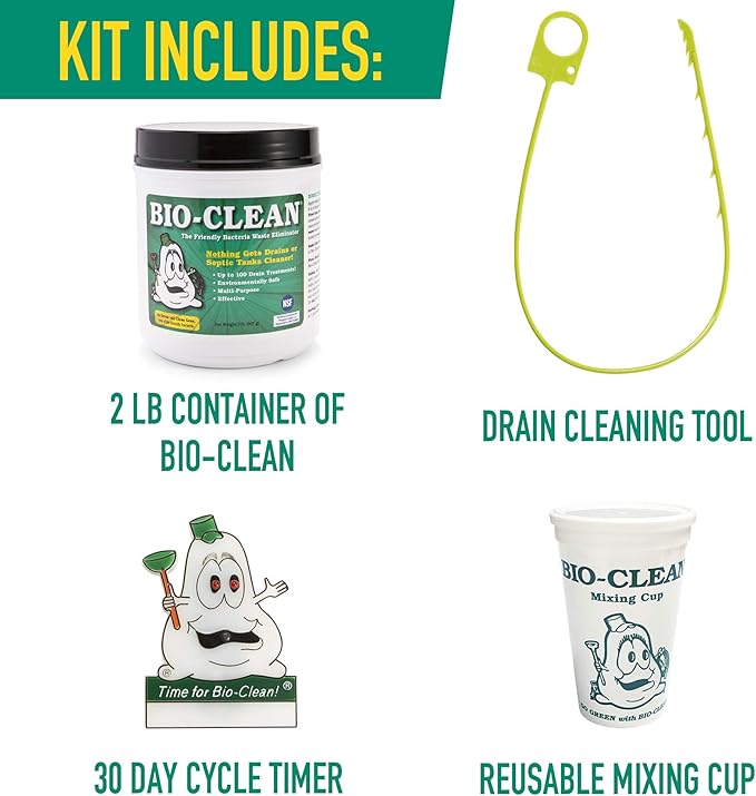 Bio-Clean Ultimate Drain Cleaning Kit Cleans Drains- Septic Tanks - Grease Traps All Natural and 100% Guaranteed No Caustic Chemicals! Removes fats Oil and Grease, Completely Cleans Your System.