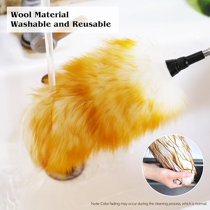 Lambswool Extendable Cleaning Duster 26-64 Inch, Anti-Static Wall Duster Cleaner with Sponge Grip and Stainless Steel Extension Pole for High Ceiling Fan, Interior, and Roof Dusting - Yellow & White