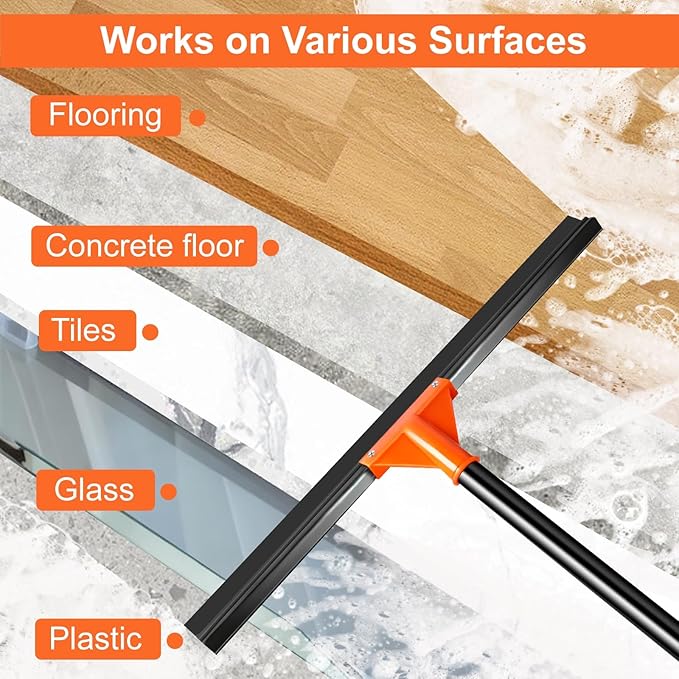 Heavy Duty Floor Squeegee for Concrete Tile Cleaning, 24" Rubber Wiper Squeegee Broom with Long Handle, Commercial Scrubber Mop for Garage Deck Bathroom Kitchen Pool Glass