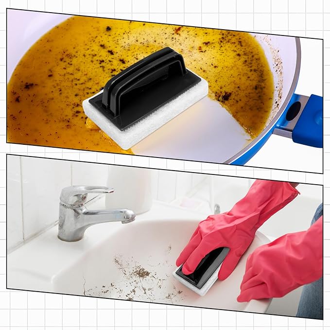Maxdot 18 Pcs Handled Bath Scrubber Set, 15 Bathroom Scouring Pad 3 Bathtub Scrubber with Handle Non Scratch Soap Scum Remover for Cleaning Sink Shower Tile Swimming Pool Step Corner (Black and White)