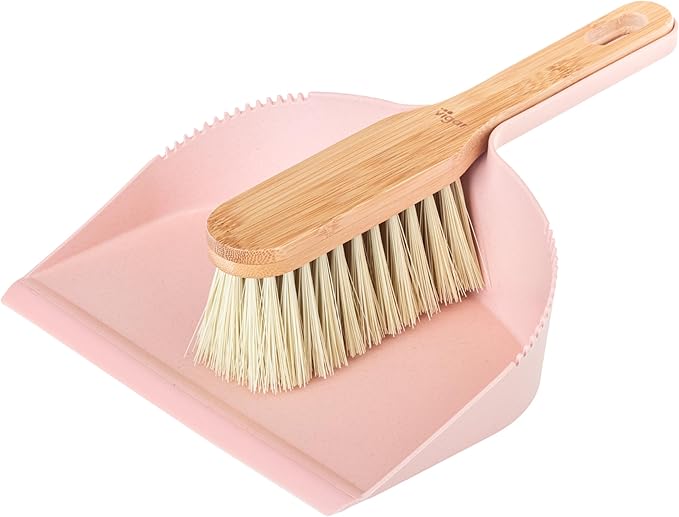 Vigar Zeroline Mini Bamboo Broom with Dustpan Combo Set, Small Dust Pan and Brush Set for Dust, Pet Hair, Car, and Crumb, House, Kitchen Broom, Pink