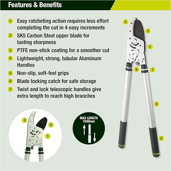 Spear & Jackson Kew Gardens Razorsharp Heavy Duty Telescopic Ratchet Anvil Loppers