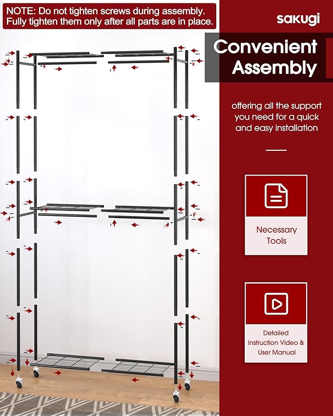 Sakugi Clothes Rack - 33.0" x 12.2" x 79.5" Clothing Rack with Shelves & Wheels, Multi-Functional Wardrobe Closet with Hooks, Sturdy Metal Garment Rack for Bedroom, Laundry, Balcony (Black)