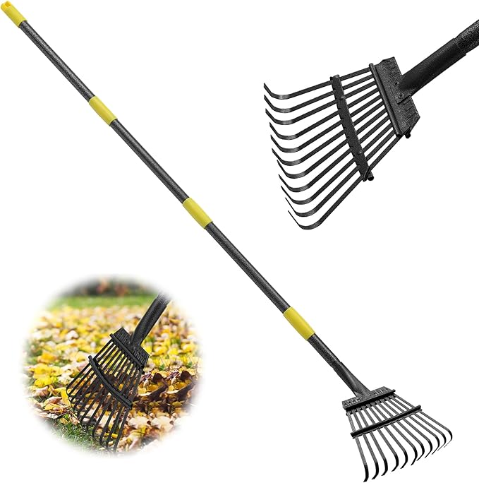 Rake, 60 Inch Long, 11 Tines Small Metal Garden Rake for Leaves, Heavy Duty 9 Inch Wide Rakes for Lawns, Yard Leaf Rakes for Gardening , Flower Beds, Shrub, Kid
