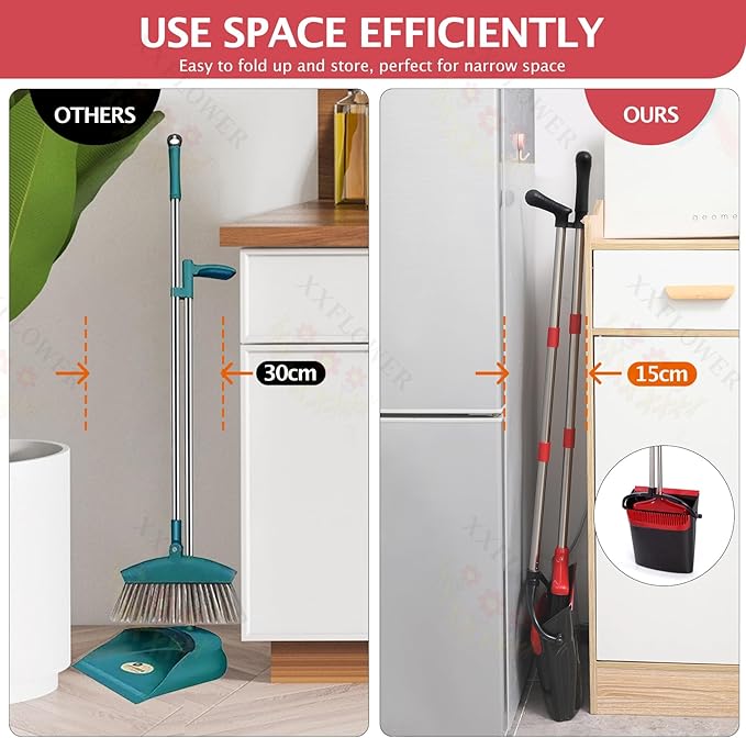 Broom and Dustpan Set with Long Handle, Light Weight Stainless Steel Poles Stand Upright Dustpans with Broom Combo for Home Kitchen Office Pet Dog Hair, Black & Red Color, 1-Pack