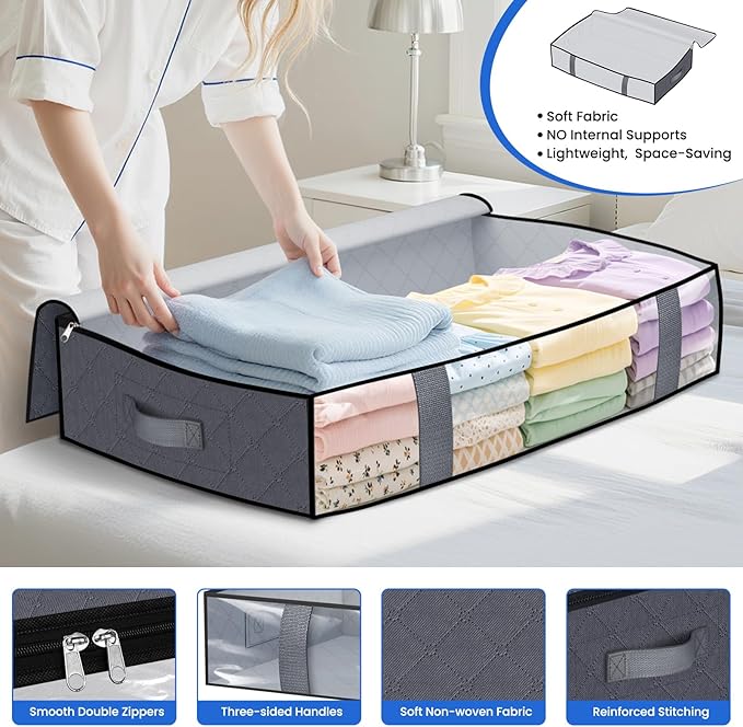 TasticTotes Under Bed Storage Containers, 2 Pack Blanket Storage Bags, Collapsible Storage Bags with Big Zippers, Clear Front, Shoe Storage and Organization for Clothes, Comforter, 75L, Grey