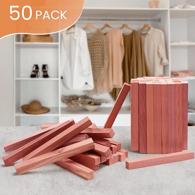 Homode Cedar Blocks for Clothes Storage, 50Pcs Cedar Sticks, Aromatic Red Cedar Wood Chips, Cedar Planks for Closets, Drawers, Wardrobe