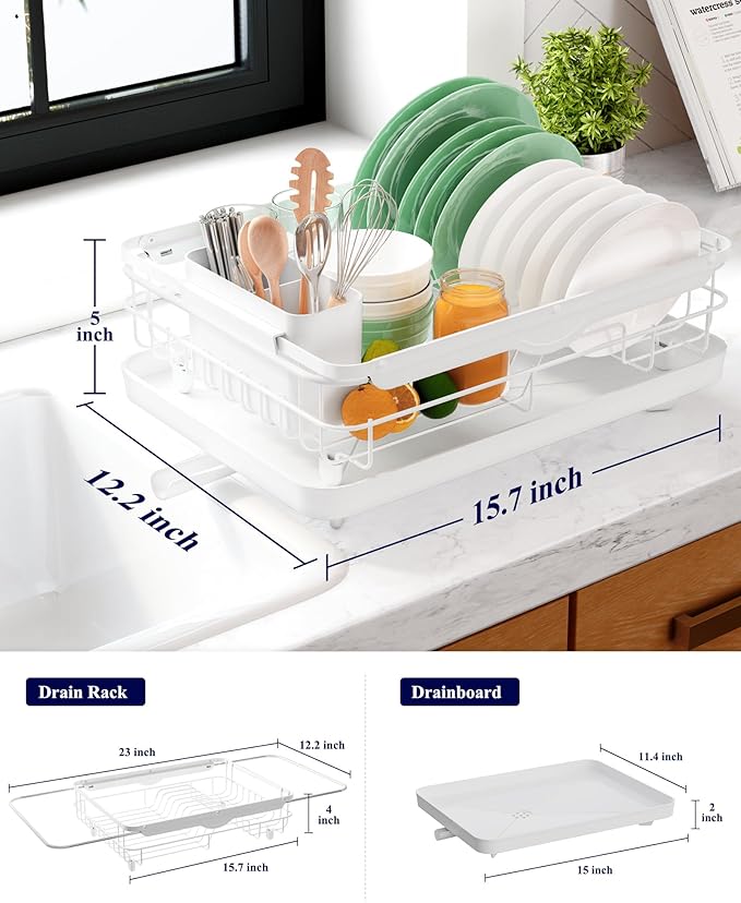 Kitsure Dish Drying Rack for Kitchen Counter, Stainless Steel Sink Organization and Storage Essentials with Cutlery Holder, Home and Appartment Decor, 12.2''W x 15.7''~23''L, White