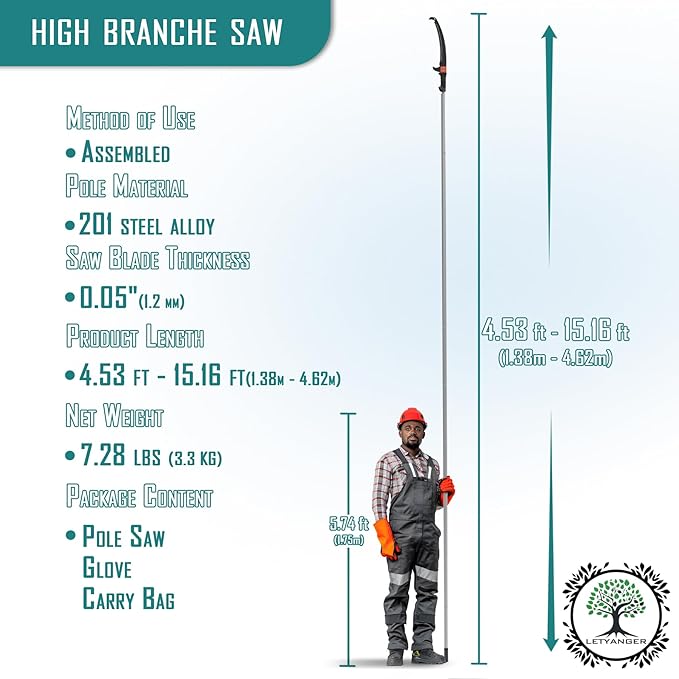 Pole Saws for Tree Trimming, 15ft Extendable Long Tree Trimmers Long Handle Pruner, Sharp Steel Blade, Tree Pruner, Tree Saw