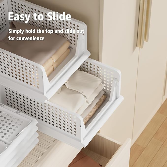 Proarea 5 Pack Stackable Storage Bins, Closet Organizers and Storage, Foldable Closet Organizer Baskets for Clothes, Plastic Drawer Bins for Closet Organization, Wardrobe Shelf, Laundry Room, White