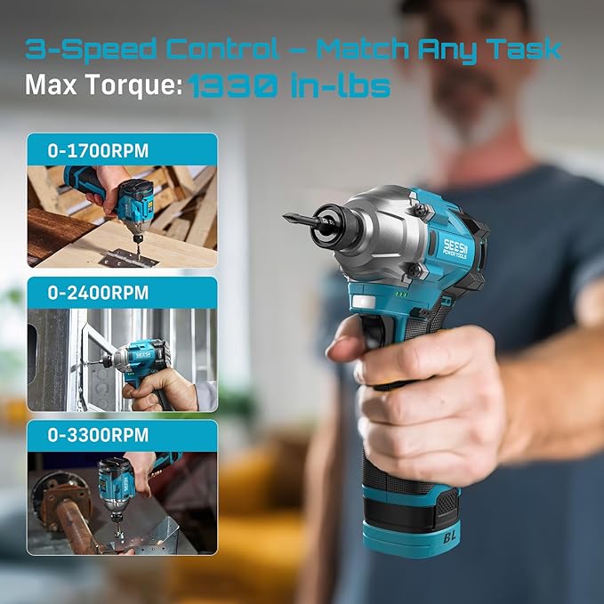 SEESII Cordless Drill Impact Driver 16.8V Brushless Power Tool Combo Kits 2x 2.0Ah Batteries w/Charger, 16-Pc Bits, Tool Bag, 3/8'' Drill & 1/4'' Impact Driver for Home DIY, Woodworking (Blue)