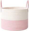 JMvicyroam 65L Extra Large Blanket Basket for Living Room - Woven Cotton Rope Laundry Hamper with Reinforced Handles - Storage Bin for Pillows, Comforters & Toys - Machine Washable,White&Pink