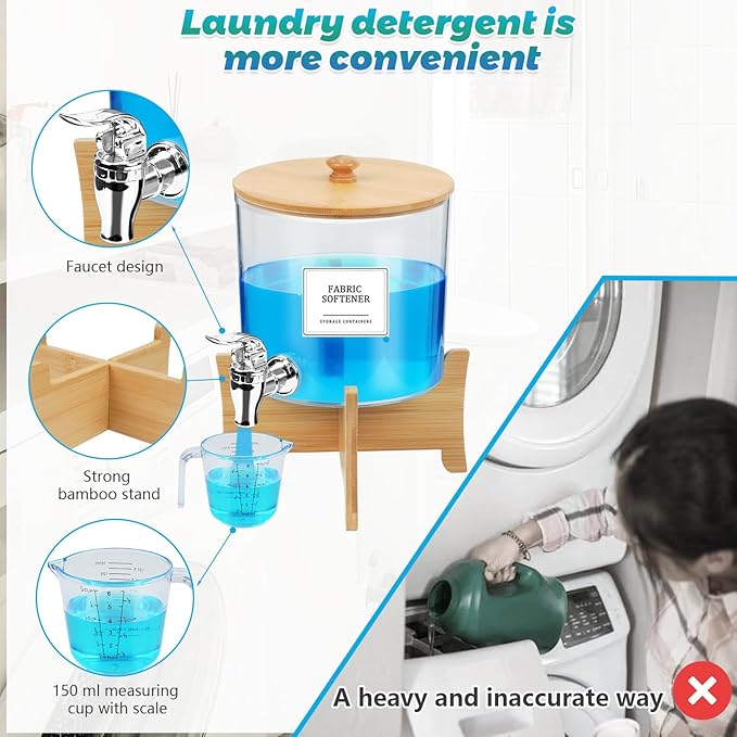 2*Laundry Detergent Dispenser with Shelf & Bamboo Lid - 158 Oz Liquid Detergent, Laundry Soap & Fabric Softener Dispenser for Laundry Room Organization and Storage with 2 Cups & 20 Labels