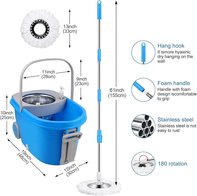 Spin Mop and Bucket with Wringer Set on Wheels, 360° Spinning Mop Bucket System with 3 Microfiber Mop Replacement Heads and 61" Stainless Steel Adjustable Handle for Floor Cleaning (25QT)