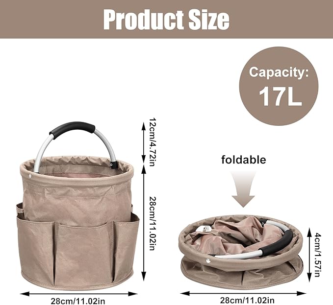 Qivine 17L Cleaning Caddy with Handle, Cleaning Supply Caddy, Foldable Tool Bag Cleaning Products Organizer, Portable Cleaning Bucket Caddy for Cleaning Supplies (Khaki)