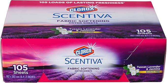 Clorox Scentiva Fabric Softening Dryer Sheets | Fabric Sheets in Tuscan Lavender & Jasmine Scent | Laundry Dryer Sheets for Fresh & Clean Clothes| 105 Count (Pack of 2)