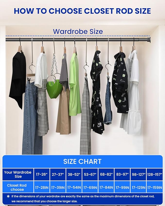 Supforce 4 PACK Closet Rods for Hanging Clothes, 17 to 39 Inches Stepless Adjustable Metal Closet Rod, 1.3 Inches Heavy Duty Clothes Hanging Rod for Closet Wardrobes Laundry RV, Black