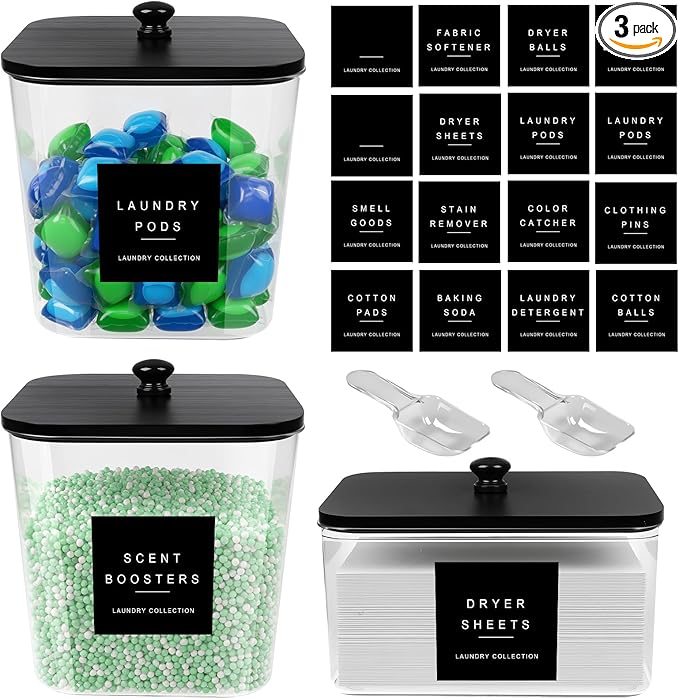 POLRAI 3 Pack Laundry Pod Containers and Dryer Sheet Holder Clear Jars with Bamboo Lids and Labels Laundry Room Organization Containers for Scent Booster Powder Detergent Pods Storage