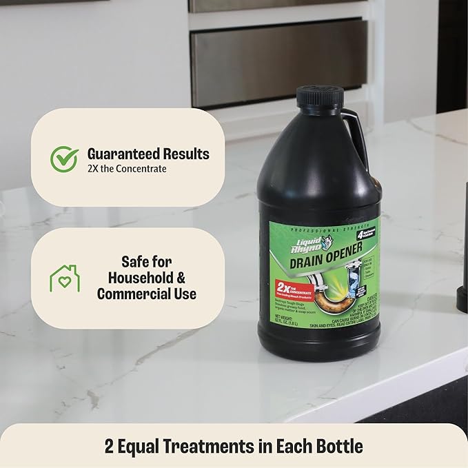 Liquid Rhyno 62 oz. Drain Opener, 2X Concentrate Hair Clog Remover for Sink, Bathtub or Shower Drains, Fast Acting Pro Strength Clears Slow-Flowing Drains, Safe for all Drain Pipes, 4 Treatments
