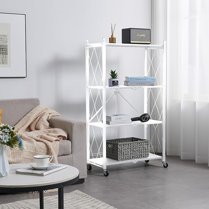 BRIAN & DANY 4-Tier Foldable Storage Shelves with Wheels, Folding Metal Rack Shelving Unit, Heavy Duty No Assembly Organizer Shelf for Garage, Kitchen, Pantry, White