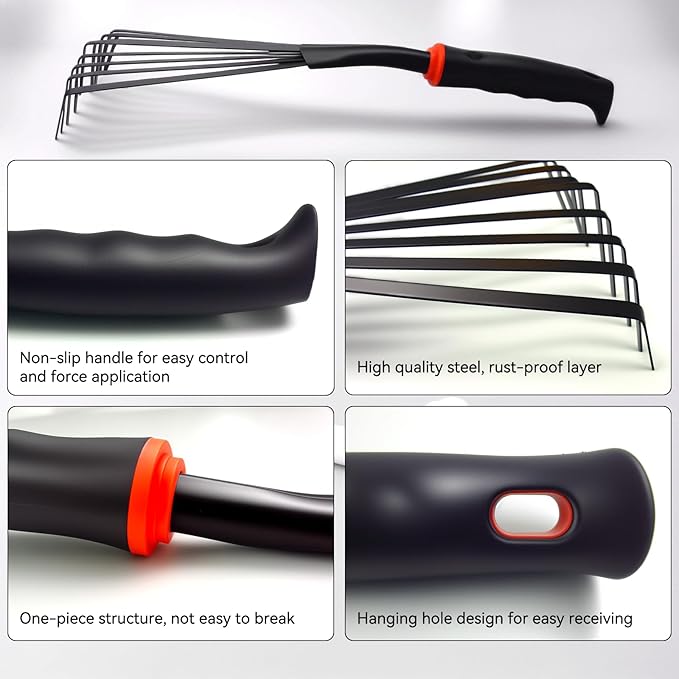 2 Pcs Gardening Hand Rake, 14.5" Alloy Steel Short Handle Shrub Rake for Soil Loosening, Planting and Spreading Mulch, Hanging Hole for Storage, Perfect for Maintaining a Raised Garden Bed