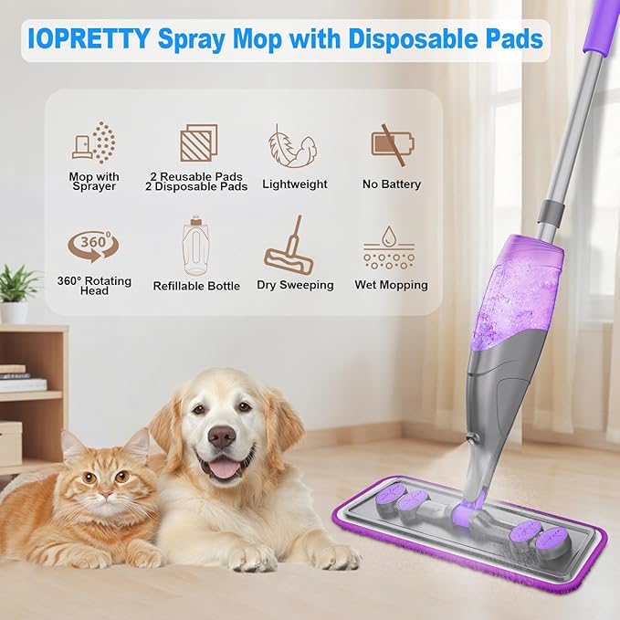Spray Mops for Floor Cleaning - Wet Dry Mops with 2 Washable + 2 Disposable Pads for Swiffer Powermop - Refillable Bottle for Hardwood Tile Home Kitchen - Absorbs Pet Hair Dust Stains