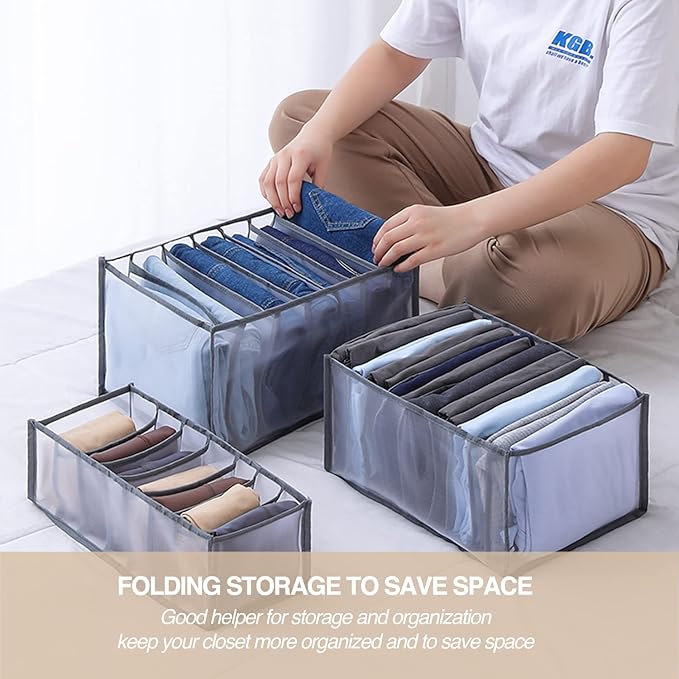 Wardrobe Clothes Organizer, 7 Grids Washable Portable Closet Organizer Mesh Separation Storage Box Foldable Closet Drawer Organizer for Underwear, Socks, Scarves, Jeans (Grey, 4 Jeans Grid)