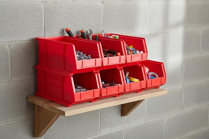 Hudson Exchange 15" x 8" x 7" (6 Pack) Plastic Stackable Storage Bin and Hanging Container, Red