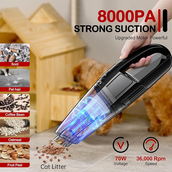 BSRCO Handheld Vacuum Cordless, 30 Min Runtime & USB-C, 8KPa Strong Suction, 1.43lbs Lightweight with LED Light, for Car Seats, Home & Pet Hair Quick Cleanup