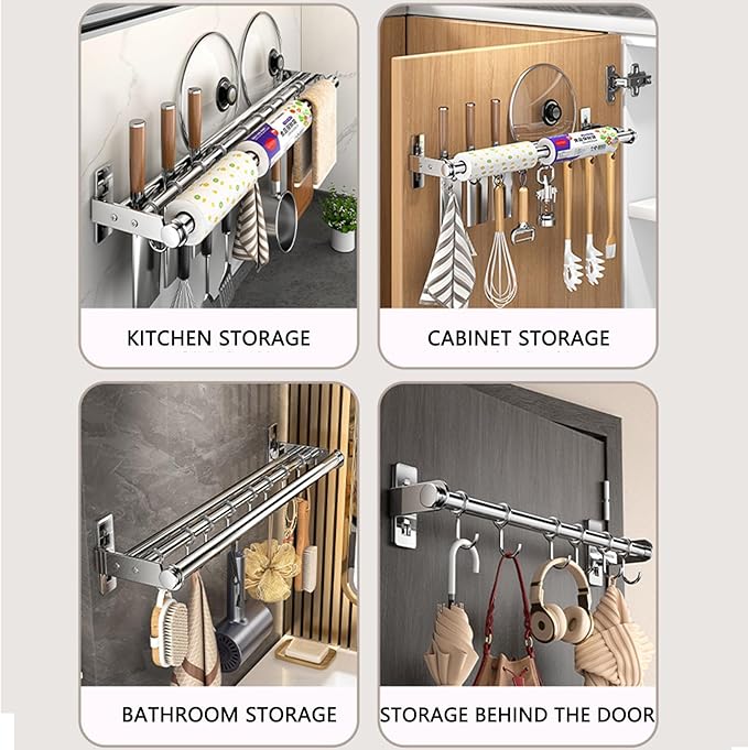 Hanging Wall Mount knife Wall Mount, Kitchen Organizer Storage Shelf for Utensils Spatula Spoon, Space-Saving Knife Rack with Hooks,Wall-Mounted Utensil Holder (Silver, 40CM+Three Poles+6Hooks)
