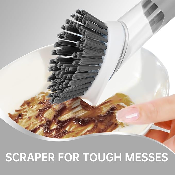 Soap Dispensing Scrub Dish Brush Head Replacements - 4 Kitchen Cleaning Brush Dish Wand Head, Scraper Heads for Stubborn Grime on Pots Pans, Stand/Hang Storage-Grey