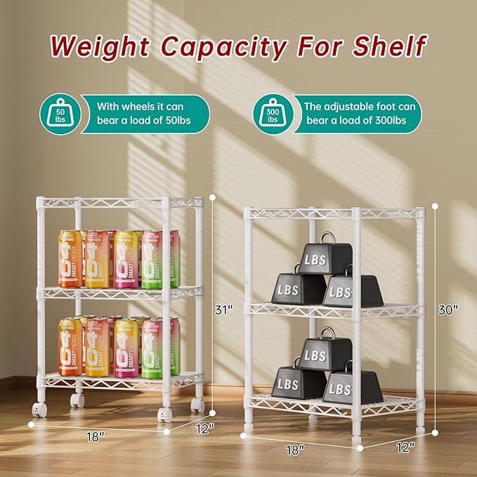 Golpart 3 Tier Adjustable Storage Shelves Heavy Duty Metal Utility Shelf Wire Shelving Unit Organizer Rack for Home Kitchen Office Bathroom Pantry Room 12" D x 18" W x 30" H