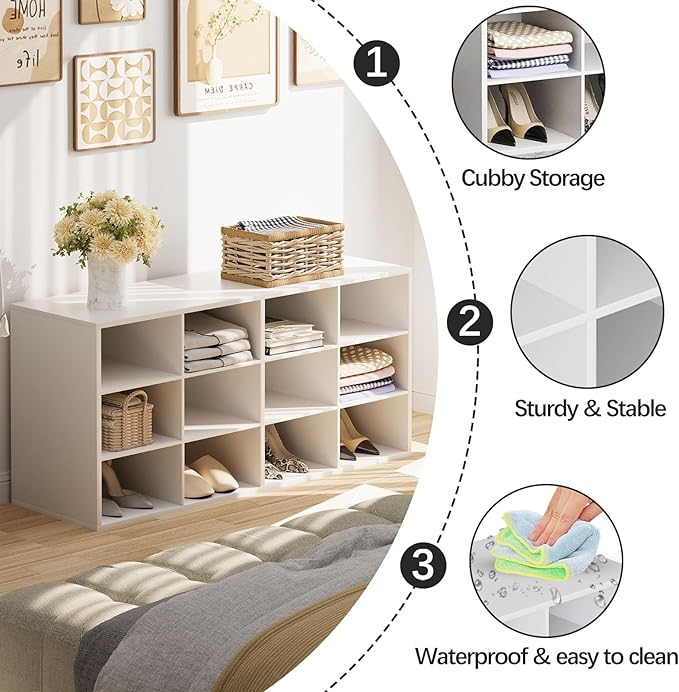 Garden 4 you Shoe Storage Bench, Cubby Shoe Rack with 12 Cubbies, 3-Tier Wood Shoe Rack Organizer, Shoe Organizer Cabinet for Entryway, Hallway, Closet and Garage, White