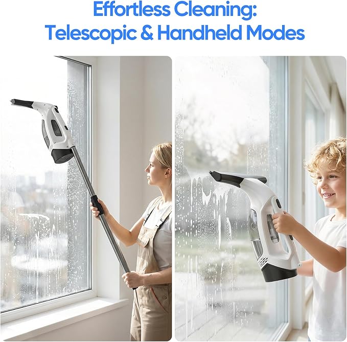 Cordless Window Vacuum Squeegee with Extension Pole Electric Window Cleaner Tool 11 inchs Electric Window Vacuum Shower Squeegee for Shower Door, High Window, Tile and Car Windshield