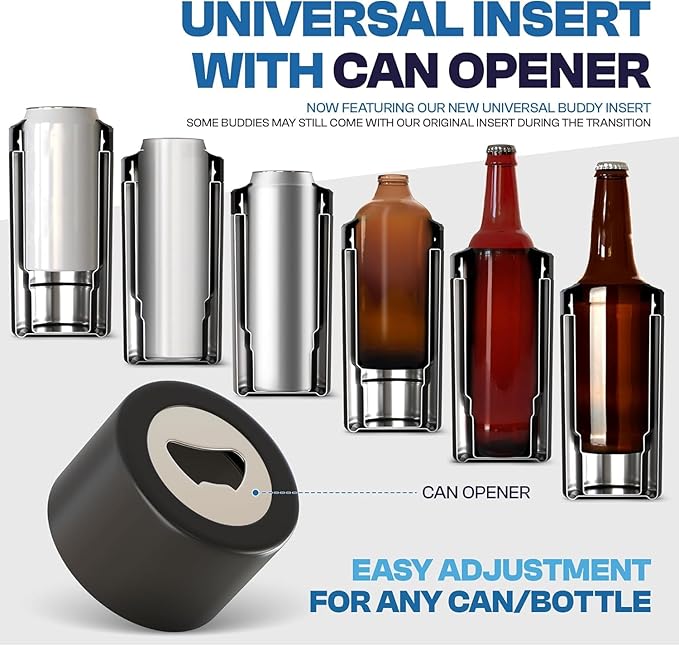 Frost Buddy Universal Buddy Can Cooler - Fits All - For Regular 12 & 16 oz or Slim-Size Bottles - Insulated Double-Walled Stainless Steel (Black Leopard)