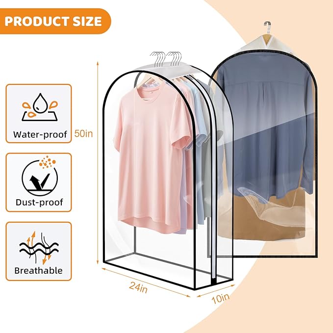 Dntorx 4 Pack Full Clear Garment Bags with Side Zipper, 50" Clothes Covers with 10" Gusset, Transparent Hanging Suit & Coat Covers for Closet Storage, Jackets, Dresses, Windbreakers
