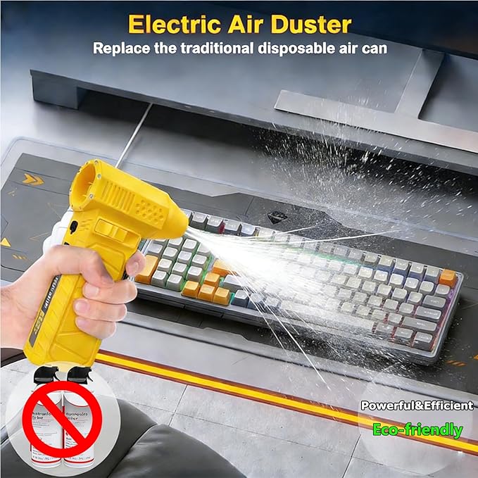 PATAZONE Electric Air Duster High-Speed,Rechargeable,Perfect for Blowing Leaves,Wood Chips,Compressed Air Dust&Sand for Car,House,Outdoor Clean Dry Sawdust Sand,80000RPM Brushless Motor (Yellow)