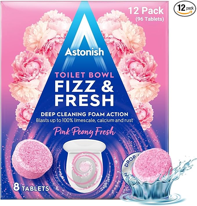 Astonish Foaming Pink Peony Toilet Bowl Cleaner 2 Pack - Deep Cleaning Limescale, Calcium & Rust - No Bottle, Removes Hard Stains (12 Boxes, 96 Tablets)
