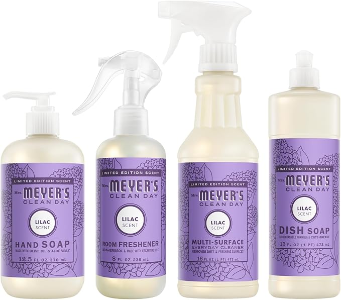 Mrs. MEYER'S Variety, 1 Room Freshener, 8 OZ, 1 Liquid Dish Soap, 16 OZ, 1 Liquid Hand Soap,12.5 OZ, 1 Multi-Surface Cleaner 16 OZ, 1 CT (Lilac)
