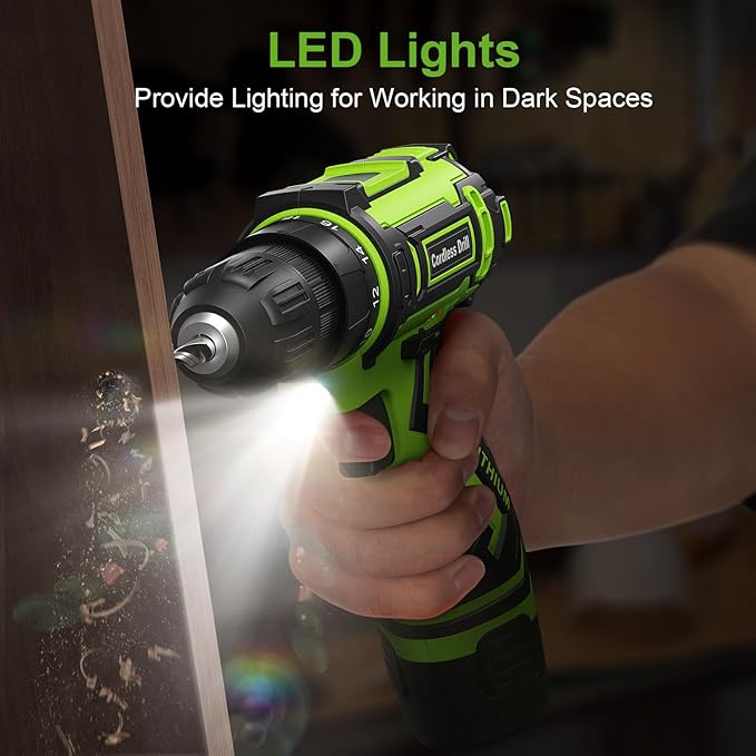 Cordless Drill Set,12V Power Drill Driver 3/8" Keyless Chuck with 92 Acessories, Built-in LED Light, 25+1 Position, Electric Drill for Home DIY Projects (Green)