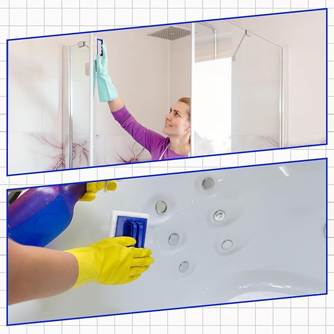 Maxdot 18 Pcs Handled Bath Scrubber Set, 15 Bathroom Scouring Pad 3 Bathtub Scrubber with Handle Non Scratch Soap Scum Remover for Cleaning Sink Shower Tile Swimming Pool Step Corner(Blue and White)