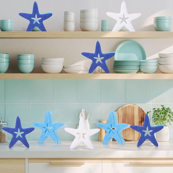 Tioncy 12 Pack Summer Starfish Kitchen Sponges Bulk Dual Sided Scrubber White Blue Starfish Sponges Dishwashing Kitchen Cleaning Accessories for Funny Christmas Household Supplies