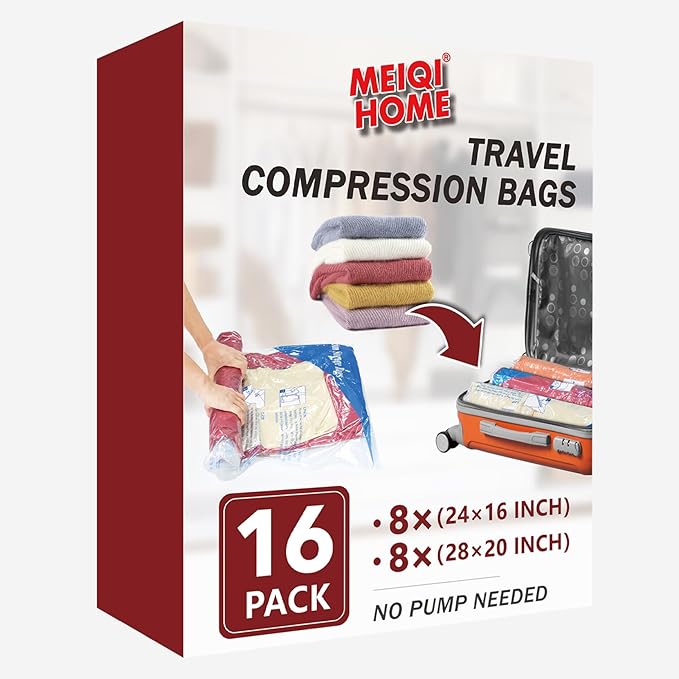 MEIQIHOME Vacuum Storage Bags, Space Saver Sealer Bags for Clothing, Pillows, Comforters, Blankets, Bedding, Travel, 16 Roll Bags, PA+PE Material