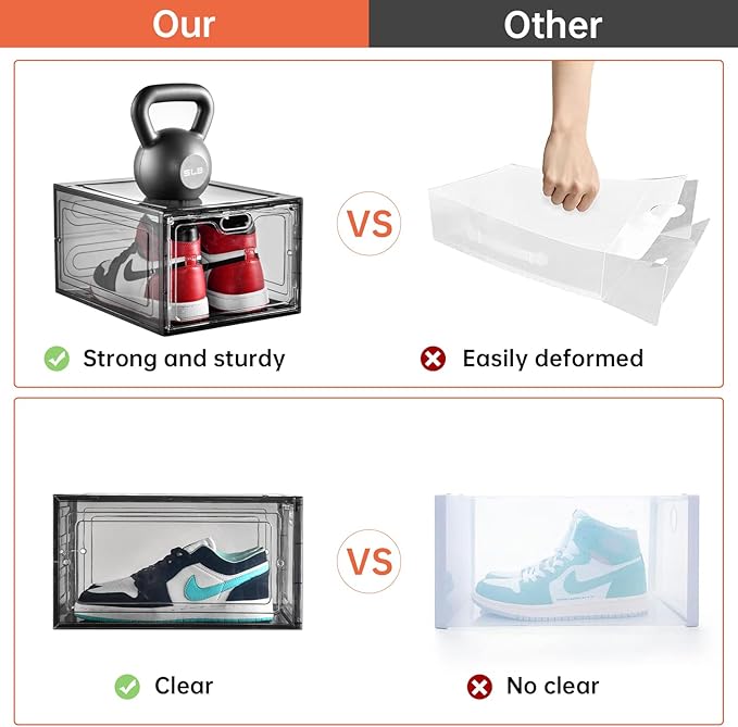 INSTY 12 Pack Gray Transparent Shoe Storage Organizer, Stackable Shoe Boxes for Closet, Drop Front Plastic Shoe Box with Grey Door, Easy to Assemble, Fit up US Size 12(13.4”x 9.8”x 7.1”)
