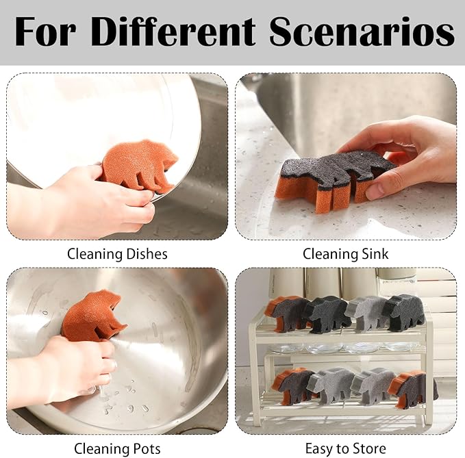 Tioncy 12 Pack Rustic Bear Kitchen Sponges Bulk 4 Colors Cute Dual Sided Scrubber Brown Black Bear Sponges Reuseble Dishwashing Kitchen Cleaning Accessories for Cookware Pot Boiler Pan Household