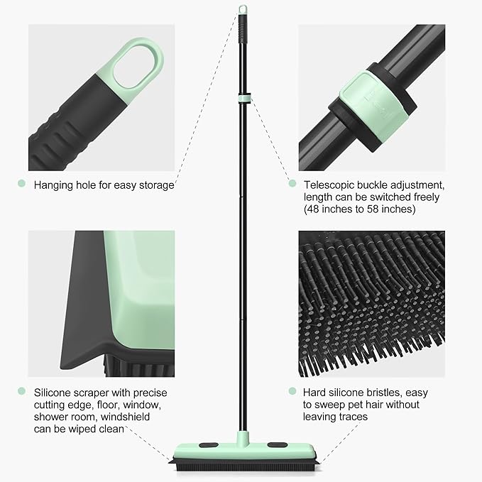 Upgraded Rubber Broom Pet Hair Remover with Squeegee Fur Sweeper Small Detailing Lint Brush to Fluff Carpet Rug Tile Hardwood Floor