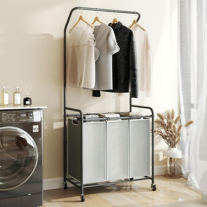ROMOON Laundry Sorter Hamper with Hanging Bar, 3 Section Rolling Laundry Cart with Clothes Rack & Heavy-Duty Lockable Wheels, Divided Laundry Basket Organizer for Apartment & Small Spaces (130L Grey)