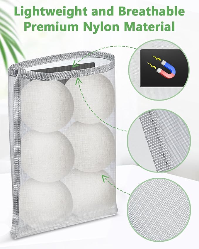 Kevenal Magnetic Wool Dryer Balls Holder - Nylon Bag for Laundry Room Organization - Wool Balls for Dryer Container, Magnetic Laundry Dryer Sheet Holder